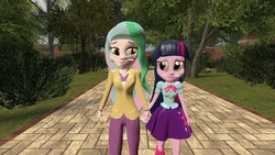 Size: 1360x768 | Tagged: safe, artist:mk513, princess celestia, principal celestia, twilight sparkle, equestria girls, g4, 3d, blushing, female, gmod, holding hands, lesbian, ship:twilestia, shipping, twilight sparkle (alicorn)