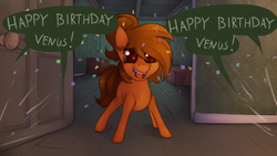 Size: 4000x2250 | Tagged: safe, artist:marsminer, oc, oc only, oc:venus spring, earth pony, pony, birthday, cute, dialogue, female, filly, ocbetes, orphan, orphanage, smiling, venus spring actually having a pretty good time, weapons-grade cute