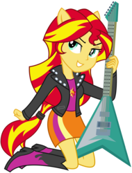 Size: 2536x3338 | Tagged: safe, artist:famousmari5, sunset shimmer, equestria girls, g4, my little pony equestria girls: rainbow rocks, bedroom eyes, clothes, cute, female, flying v, guitar, high res, jacket, kneeling, leather jacket, lidded eyes, looking at you, musical instrument, ponied up, rock (music), sexy, shimmerbetes, simple background, smiling, solo, sunset shredder, transparent background, vector