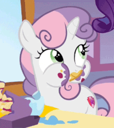 Size: 351x394 | Tagged: safe, sweetie belle, pony, 28 pranks later, g4, animated, aweeg*, cake, chewing, cute, cutie mark, diasweetes, eating, female, food, nom, puffy cheeks, smiling, the cmc's cutie marks