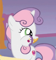 Size: 265x284 | Tagged: safe, sweetie belle, 28 pranks later, g4, animated, aweeg*, cute, cutie mark, diasweetes, eating, female, nom, puffy cheeks, smiling, the cmc's cutie marks