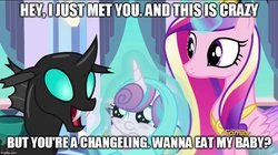Size: 888x499 | Tagged: safe, edit, edited screencap, screencap, princess cadance, princess flurry heart, thorax, g4, the times they are a changeling, call me maybe, caption, carly rae jepsen, image macro, implied vore, lyrics joke, meme