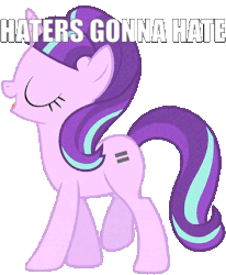 Size: 353x429 | Tagged: safe, starlight glimmer, g4, animated, eyes closed, female, haters gonna hate, image macro, meme, s5 starlight, simple background, transparent background, walking