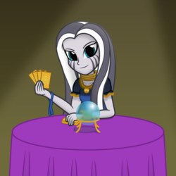 Size: 1600x1600 | Tagged: safe, artist:bootsyslickmane, zecora, fanfic:the shadowbolts adventures, equestria girls, g4, clothes, crystal ball, equestria girls-ified, fanfic, fanfic art, fortune teller, jewelry, looking at you, makeup, necklace, table, tarot card, vector