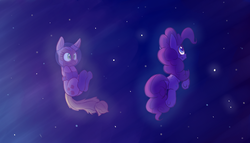 Size: 3500x2000 | Tagged: safe, artist:heir-of-rick, applejack, pinkie pie, g4, astronaut, duo, high res, how, pinkie being pinkie, pinkie physics, space, spacesuit, starry sky