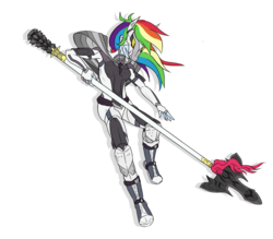 Size: 1056x924 | Tagged: safe, artist:kul, rainbow dash, equestria girls, g4, alternate clothes, grin, mask, pose, smiling, spear, weapon