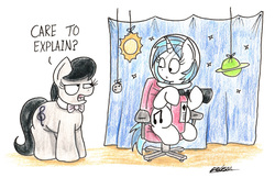 Size: 2210x1435 | Tagged: safe, artist:bobthedalek, dj pon-3, octavia melody, vinyl scratch, earth pony, pony, unicorn, g4, chair, dialogue, fire extinguisher, noodle incident, octavia is not amused, office chair, traditional art, unamused