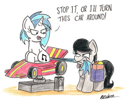 Size: 1880x1514 | Tagged: safe, artist:bobthedalek, dj pon-3, octavia melody, vinyl scratch, earth pony, pony, unicorn, g4, angry, cute, dialogue, female, groceries, mare, octavia is not amused, open mouth, saddle bag, tail pull, tavibetes, traditional art, unamused, vinylbetes