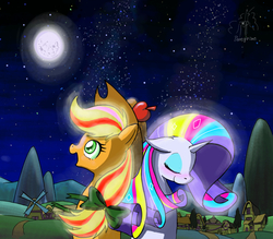 Size: 1169x1022 | Tagged: safe, artist:phoenixperegrine, applejack, rarity, pony, g4, female, full moon, lesbian, mare, moon, night, ponyville, rainbow power, ship:rarijack, shipping, starry night