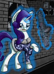 Size: 839x1141 | Tagged: safe, artist:steel-breeze, rarity, g4, ak-74, female, gun, magic, solo, weapon