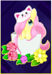 Size: 1200x1700 | Tagged: safe, artist:simsvaleria, fluttershy, pony, g4, box, female, flower, flutterbox, hair over one eye, hat, looking at you, pony in a box, solo