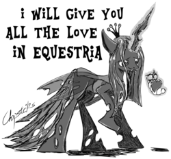 Size: 1136x1052 | Tagged: safe, artist:chopsticks, queen chrysalis, changeling, changeling larva, changeling queen, nymph, g4, black and white, changeling feeding, cute, cutealis, cuteling, dialogue, duo, female, grayscale, heart, love, mommy chrissy, monochrome, mother, mother and child, signature, simple background, white background