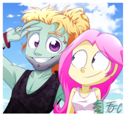 Size: 800x736 | Tagged: safe, artist:fj-c, fluttershy, zephyr breeze, human, equestria girls, g4, brother and sister, clothes, duo, equestria girls-ified, peace sign, tank top