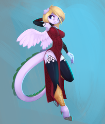 Size: 3849x4549 | Tagged: safe, artist:qweeli, oc, oc only, oc:ardana, dracony, hybrid, anthro, unguligrade anthro, absurd resolution, big breasts, breasts, choker, clothes, dress, female, lace, side slit, solo