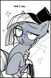 Size: 414x623 | Tagged: safe, artist:pencils, edit, limestone pie, oc, oc:anon, earth pony, human, pony, comic:anon's pie adventure, g4, cropped, female, hat, i say, mare, monocle, monocle and top hat, top hat