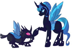 Size: 1000x686 | Tagged: safe, artist:lulubell, oc, oc only, oc:nurex, oc:queen polistae, changeling, changeling queen, blue changeling, bowing, changeling drone, changeling oc, changeling queen oc, duo, female, hoof kissing, male, simple background, transparent background