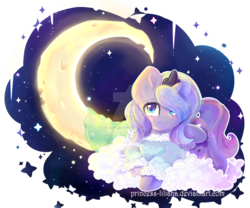 Size: 1600x1329 | Tagged: safe, artist:princess-liliana, princess luna, g4, clothes, cloud, cute, female, filly, lunabetes, moon, solo, watermark, woona