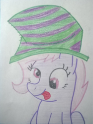 Size: 768x1029 | Tagged: safe, artist:toyminator900, oc, oc only, oc:melody notes, pony, derp, hat, silly, silly hat, silly pony, solo, tongue out