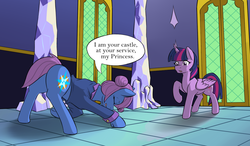 Size: 1200x700 | Tagged: safe, artist:sewlde, twilight sparkle, oc, oc:friendship rainbow, alicorn, pony, g4, bowing, butt, clothes, commission, dialogue, eyes closed, open mouth, plot, raised hoof, speech bubble, twilight sparkle (alicorn), twilight's castle