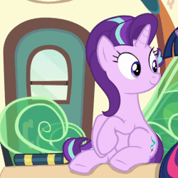 Size: 507x508 | Tagged: safe, screencap, starlight glimmer, twilight sparkle, alicorn, pony, unicorn, g4, season 6, the times they are a changeling, animated, blinking, book, cute, female, folded forelegs, glimmerbetes, hips, mare, offscreen character, sitting, solo focus, twilight sparkle (alicorn)