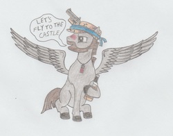 Size: 1096x860 | Tagged: safe, artist:agentappleblanket, oc, oc only, oc:leadhoof, pegasus, pony, alcohol, ammunition, beard, bottle, camouflage, colored hooves, comic, drunk, facial hair, gun, handgun, hat, hooves, jericho 941, jewelry, let's fly to the castle, male, necklace, pencil drawing, pistol, shotgun shell, sitting, solo, spread wings, stallion, traditional art, weapon, whiskey, wingboner, wings