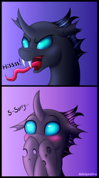 Size: 1000x1800 | Tagged: safe, artist:spirit-dude, thorax, changeling, g4, the times they are a changeling, 2 panel comic, blushing, comic, cute, heart eyes, hissing, male, solo, tongue out, wingding eyes