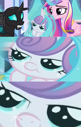 Size: 1216x1904 | Tagged: safe, artist:fantasygerard2000, edit, edited screencap, screencap, princess cadance, princess flurry heart, thorax, changeling, pony, g4, the times they are a changeling, :t, baby, baby blanket, baby pony, cute, floppy ears, frown, gritted teeth, levitation, lidded eyes, magic, safety pin, smiling, snug, swaddling, telekinesis, tenso, wat