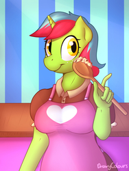 Size: 1200x1600 | Tagged: safe, artist:timidwithapen, oc, oc only, oc:emerald cook, unicorn, anthro, apron, breasts, clothes, dress, female, heart, spoon, transgender