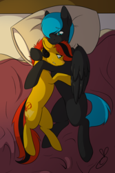 Size: 1300x1948 | Tagged: safe, artist:heartscharm, oc, oc only, oc:major siakou, oc:southern belle, earth pony, pegasus, pony, bed, bedroom, blank flank, comforting, crying