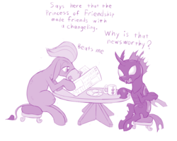 Size: 1000x799 | Tagged: safe, artist:dstears, cranky doodle donkey, kevin, changeling, donkey, g4, the times they are a changeling, duo, food, male, monochrome, mug, newspaper, reading, simple background, sitting, speech bubble, white background