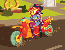 Size: 2300x1764 | Tagged: safe, artist:misstickles, sci-twi, sunset shimmer, twilight sparkle, equestria girls, g4, my little pony equestria girls: friendship games, afternoon, boots, clothes, courtyard, female, glasses, gloves, holding on, motorcross, motorcycle, one eye closed, riding, shoes, sidewalk, street