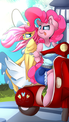 Size: 2400x4200 | Tagged: safe, artist:madacon, fluttershy, pinkie pie, anthro, unguligrade anthro, g4, clothes, dress, ear fluff, grass, hat, high res, newbie artist training grounds, riding, scooter, shorts, tank top, tongue out