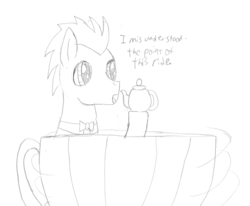 Size: 1851x1525 | Tagged: safe, artist:2shyshy, doctor whooves, time turner, earth pony, pony, g4, cup of pony, male, micro, monochrome, newbie artist training grounds, pearl (steven universe), reference, solo, stallion, steven universe, teacup, traditional art