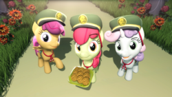 Size: 1920x1080 | Tagged: safe, artist:powdan, apple bloom, scootaloo, sweetie belle, 28 pranks later, g4, 3d, adorabloom, cap, clothes, cookie, cute, cutealoo, cutie mark crusaders, diabetes, diasweetes, filly guides, food, gmod, hat, looking at you, raised hoof, sale, smiling, weapons-grade cute