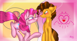 Size: 2560x1385 | Tagged: safe, artist:michyfactory, cheese sandwich, pinkie pie, g4, annoyed, female, male, ship:cheesepie, shipping, straight, tongue out