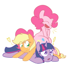 Size: 1050x960 | Tagged: safe, artist:mr-degration, applejack, pinkie pie, twilight sparkle, earth pony, pony, unicorn, g4, heart, pile, pony pile, simple background, snuggling, transparent background, trio, unicorn twilight