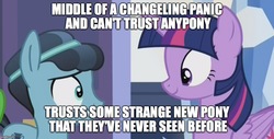 Size: 988x500 | Tagged: safe, edit, edited screencap, screencap, crystal hoof, spike, thorax, twilight sparkle, alicorn, changeling, crystal pony, pony, g4, the times they are a changeling, caption, disguise, disguised changeling, duo, fridge logic, image macro, male, meme, silly, silly pony, stallion, twilight sparkle (alicorn)