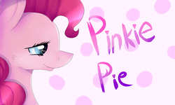 Size: 5000x3000 | Tagged: safe, artist:sunshinejoyyt, pinkie pie, g4, dialogue, female, polka dot background, simple background, solo, text