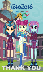 Size: 648x1080 | Tagged: safe, artist:themexicanpunisher, artist:xebck, indigo zap, majorette, sunny flare, sweeten sour, equestria girls, g4, my little pony equestria girls: friendship games, canterlot high, clothes, crystal prep academy, crystal prep academy uniform, crystal prep shadowbolts, ear piercing, goggles, olympic rings, olympics, piercing, pleated skirt, rio 2016, school uniform, skirt, thank you, wondercolts