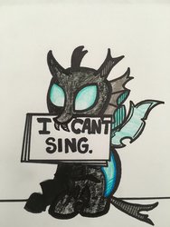 Size: 1024x1365 | Tagged: safe, artist:aperaturescience, thorax, changeling, g4, the times they are a changeling, bob dylan, male, mouth hold, sign, solo, song reference, subterranean homesick blues, traditional art