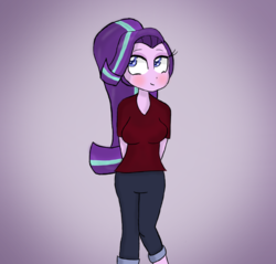 Size: 1049x1004 | Tagged: safe, artist:mildockart, starlight glimmer, equestria girls, g4, blushing, breasts, clothes, cute, equestria girls-ified, female, glimmerbetes, pants, ponytail, smiling, solo