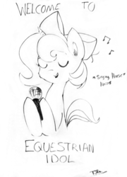 Size: 930x1292 | Tagged: safe, artist:tjpones edits, edit, oc, oc only, pony, unicorn, black and white, bronycan, descriptive noise, eyes closed, grayscale, horse noises, meme, microphone, monochrome, music notes, simple background, sketch, text, white background