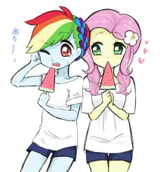 Size: 800x860 | Tagged: dead source, safe, artist:puchiko, fluttershy, rainbow dash, equestria girls, g4, clothes, cute, duo, duo female, female, flower, flower in hair, food, heart, ice cream, japanese, one eye closed, open mouth, raised eyebrow, red eyes, shyabetes, simple background, sweat, white background