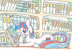 Size: 946x657 | Tagged: safe, artist:hihin1993, twilight sparkle, g4, book, female, library, magic, solo, telekinesis, traditional art, yawn