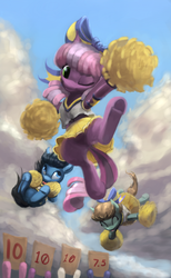 Size: 630x1020 | Tagged: safe, artist:bakuel, cheerilee, earth pony, pony, the cart before the ponies, cheerileeder, cheerleader, clothes, colt, eyes closed, featureless crotch, female, filly, hair bow, male, mare, one eye closed, pleated skirt, pom pom, score, score cards, skirt, skirt lift, smiling, tongue out, upskirt, wink