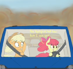 Size: 2000x1899 | Tagged: safe, artist:vanillaghosties, apple bloom, applejack, earth pony, pony, friendship is witchcraft, g4, bow, car, deja vu, driving, duo, dust, female, filly, funny, initial d, mare, open mouth, scared, seatbelt, smiling, talking, this will end in tears, this will end in tears and/or death, worried