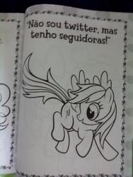 Size: 720x960 | Tagged: safe, rainbow dash, g4, official, bad pun, coloring book, irl, magazine, merchandise, monochrome, photo, portuguese, pun, solo, stock vector, translated in the description