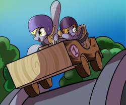 Size: 1200x1000 | Tagged: safe, artist:klemm, crackle pop, derpy hooves, pegasus, pony, g4, the cart before the ponies, car, cart, duo, female, helmet, mare, newbie artist training grounds, riding