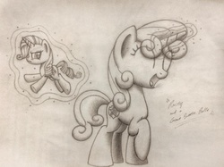 Size: 960x717 | Tagged: safe, artist:squeaky-belle, rarity, sweetie belle, pony, g4, duo, giant pony, levitation, macro, magic, monochrome, pencil drawing, size difference, telekinesis, traditional art