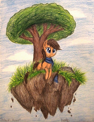 Size: 1064x1384 | Tagged: safe, artist:thefriendlyelephant, oc, oc only, unnamed oc, earth pony, pony, birthday gift, clothes, floating island, grass, rock, scarf, sky, surreal, traditional art, tree